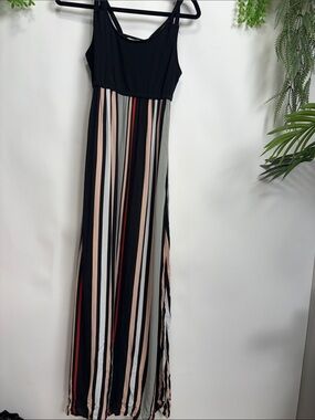 Warehouse Black Maxi Dress with Multi-Stripe Skirt